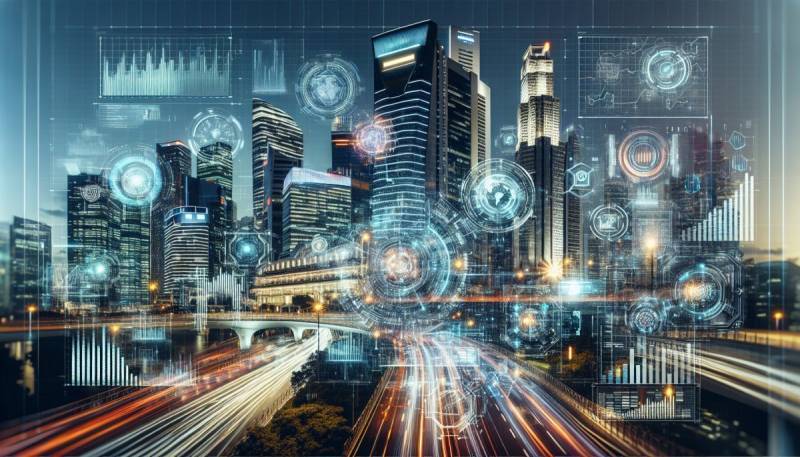 AI analyserer aktiemarkedets data på et futuristisk digitalt interface